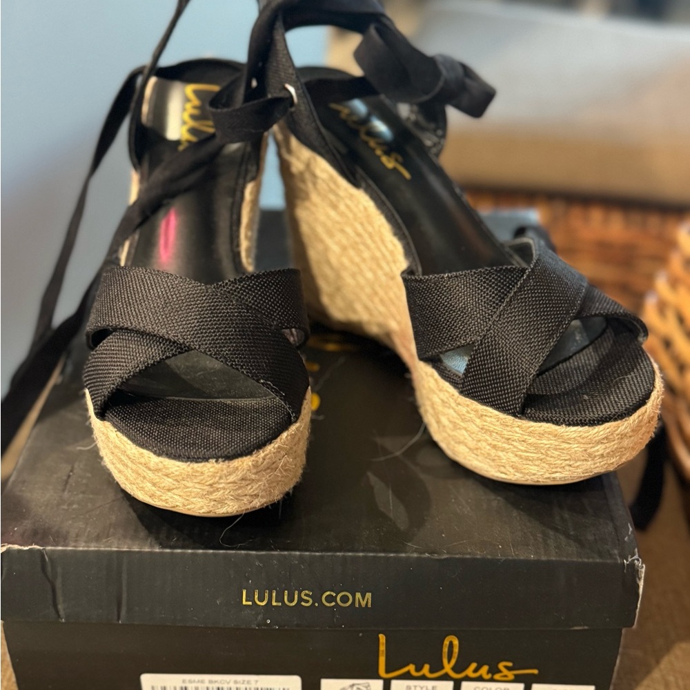 Lulu's Black Espadrille Platform Wedge Sandals